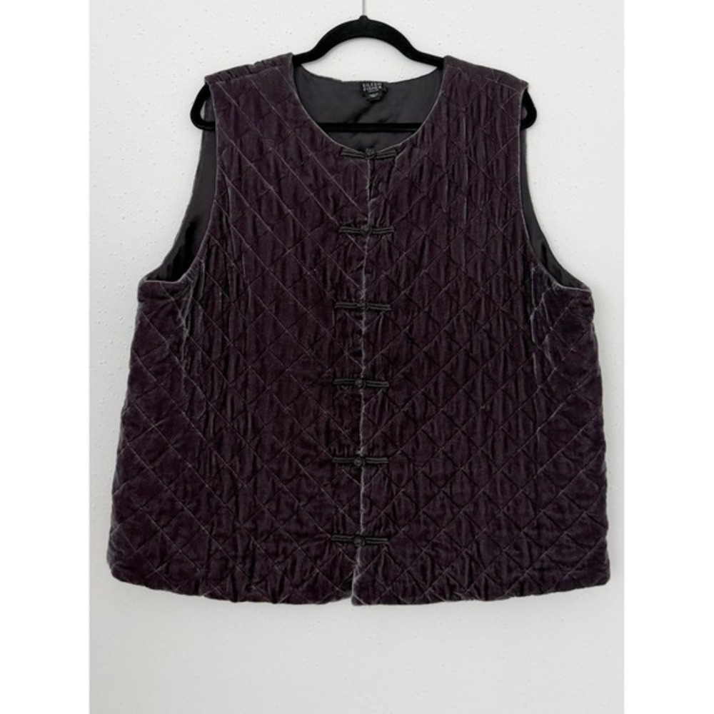 Eileen Fisher Purple Crushed Velvet Quilted Silk Blend Vest Frog Closure 2X